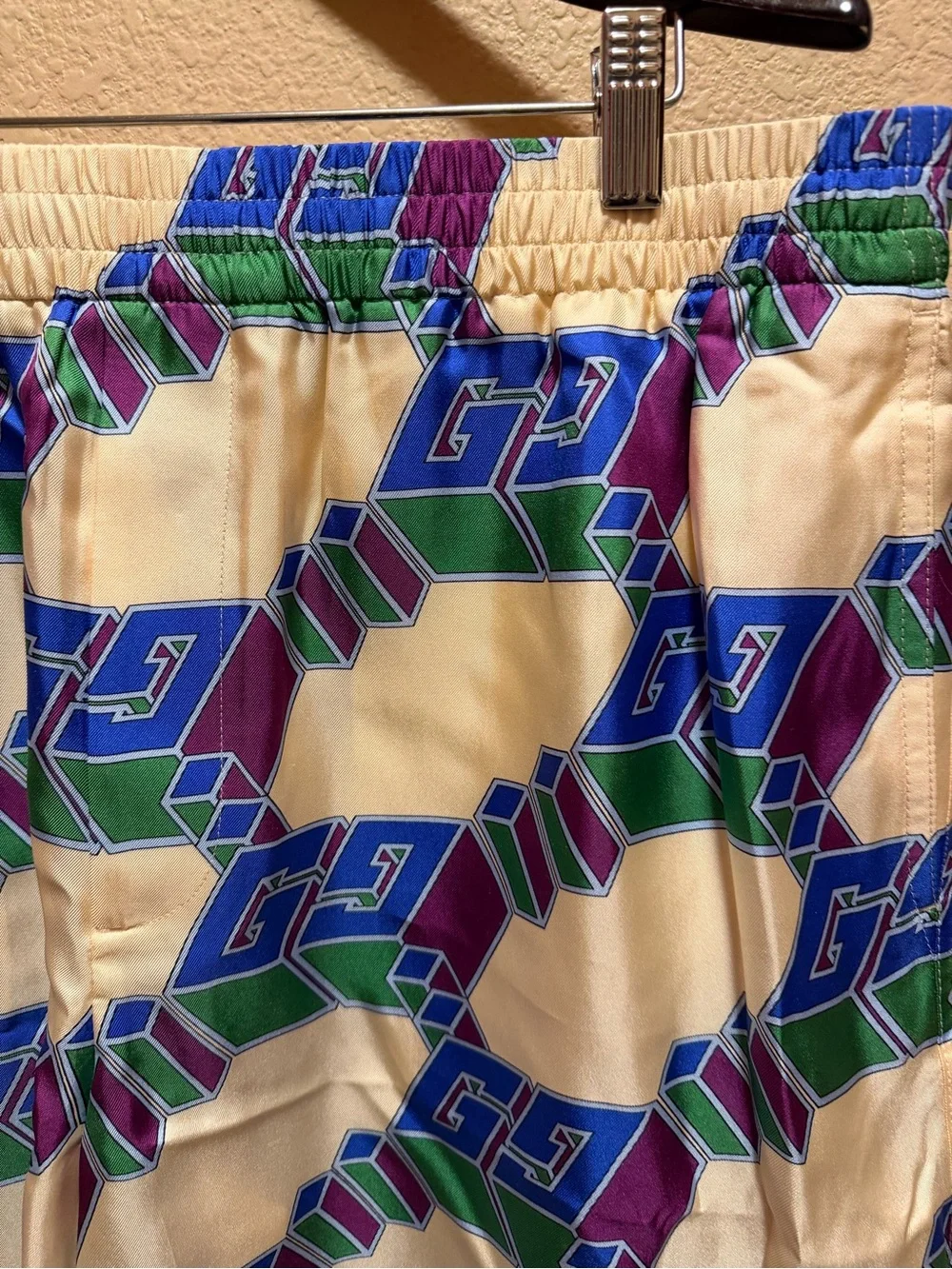 New Gucci GG Logo Silk Shorts Cream Blue Size IT 54 / US L 36 - 40 Waist